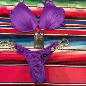 Purple Rhinestone thong scrunch bikini